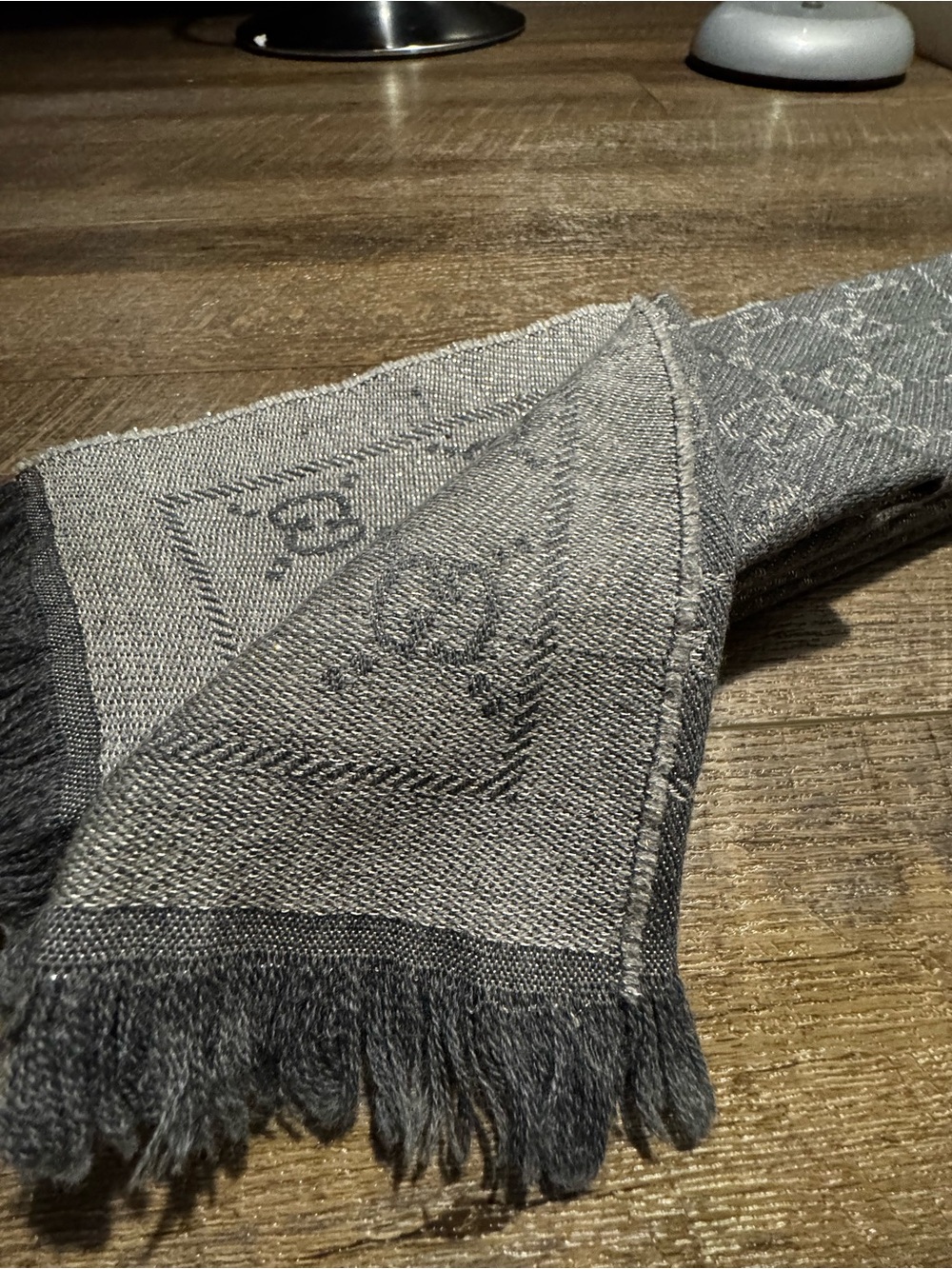 Gucci Gray Wool Blend Logo Scarf